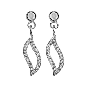 Boucles d’oreilles pendantes en argent rhodié feuille suspendue ajourée en oxydes blancs et fermoir poussette