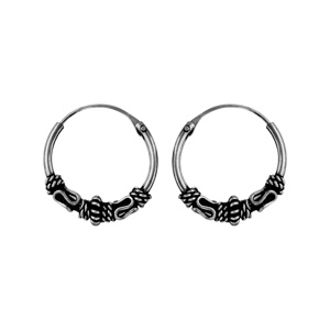 Créoles en argent patiné balinaises avec motifs enroulés, striés et serpentins