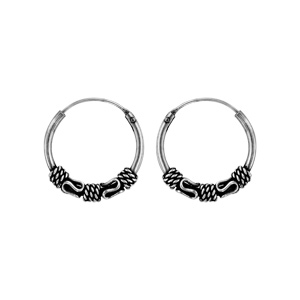 Créoles en argent patiné balinaises avec motifs enroulés, cordages et serpentins