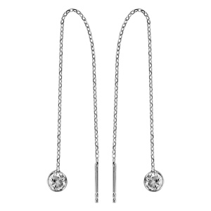 Boucles d’oreilles passantes en argent rhodié chaînette avec oxyde blanc à 1 extrémité et baguette à l’autre