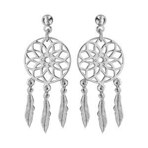 Boucles d’oreilles pendantes en argent rhodié attrape rêve avec 3 plumes suspendues et fermoir poussette