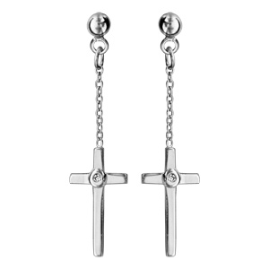 Boucles d'oreilles pendantes en argent rhodié chaînette avec croix ornée d'un oxyde blanc et fermoir
