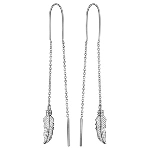 Boucles d’oreilles passantes en argent rhodié avec plume à 1 extrémité et baguette à l’autre