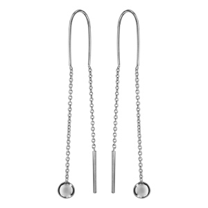 Boucles d’oreilles passantes en argent rhodié avec 1 baguette à l’extrémité d’une chaîne et petite boule lisse à l’extrémité de l’autre