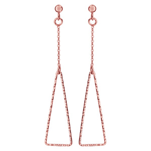 Boucles d'oreilles pendantes en argent et dorure rose chaînette avec triangle diamanté évidé à l'extrémité et fermoir clou avec poussette