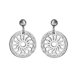Boucles d’oreilles en argent rhodié rond suspendu motifs méandres grecs et soleil et fermoir poussette