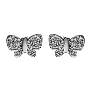 Boucles d'oreilles en argent rhodié papillon avec ailes pavées d'oxydes blancs sertis et fermoir clo