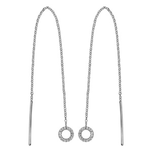 Boucles d'oreilles passantes en argent rhodié chaînette avec baguette à 1 extrémité et anneau orné d'oxydes blancs sertis à l'autre