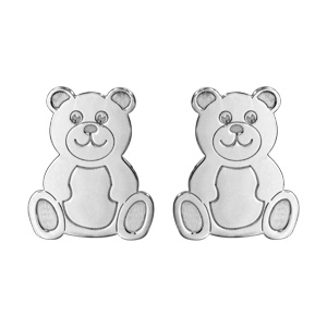 Boucles d'oreilles pour enfant en argent rhodié ourson et fermoir poussette