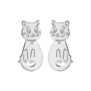Boucles d’oreilles pour enfant en argent rhodié chat fermoir poussette