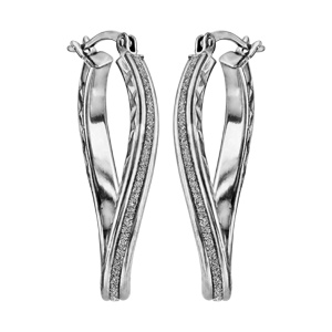 Créoles en argent rhodié fantaisies ovale vrillé glitter blanc