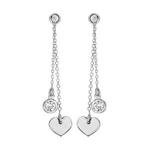 Boucles d'oreilles pendantes en argent rhodié chaînettes avec pampille coeur et pampille oxyde blanc