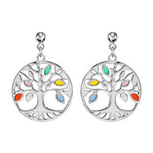 Boucles d’oreilles pendantes en argent rhodié arbre de vie multicolore et ajouré fermoir poussette