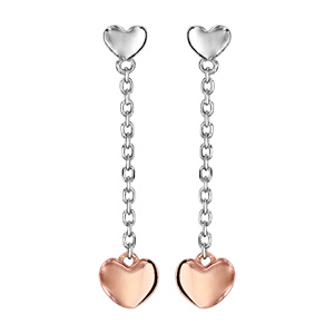 Boucles d'oreilles pendantes en argent rhodié avec chaînette et 2 cœurs doré rose et argent fermoir 