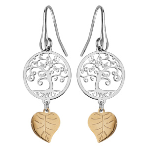 Boucles d’oreilles pendantes en argent rhodié arbre de vie avec feuille dorée jaune suspendue  fermoir crochet