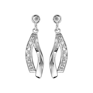 Boucles d’oreilles pendantes en argent rhodié 2 rubans suspendus et 1 avec oxydes blancs et fermoir poussette