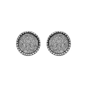 Boucles d’oreille en argent rhodié ronde glitter avec contour dentelle et fermoir poussette