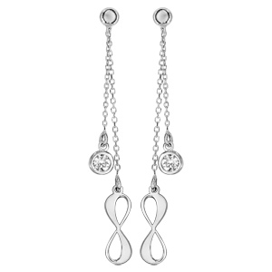 Boucles d’oreilles pendantes en argent rhodié chaînettes avec pampille infini et pampille oxyde blanc serti clos fermoir poussette