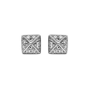 Boucles d'oreille en argent rhodié carré croisé pavé d'oxydes blancs sertis et fermoir poussette