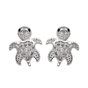 Boucles d'oreille en argent rhodié tortue ornée d'oxydes blancs sertis et fermoir poussette