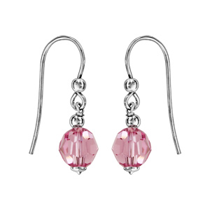 Boucles d'oreilles pendantes en argent rhodié avec boule cristal rose facettée et fermoir crochet