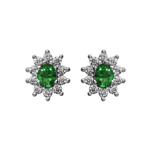 Boucles d’oreilles en argent rhodié collection joaillerie pierre centrale vert contour oxydes blancs sertis et fermoir poussette