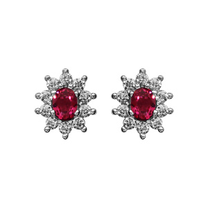 Boucles d’oreilles en argent rhodié collection joaillerie pierre centrale rouge contour oxydes blancs sertis et fermoir poussette