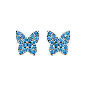 Boucles d’oreilles en argent rhodié papillon pavé de pierres bleu ciel sertis et fermoir poussette