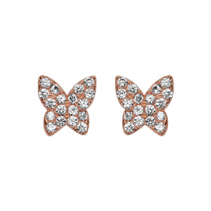 Boucles d’oreilles en argent rhodié papillon dorure rose pavé d’oxydes blancs sertis et fermoir poussette