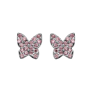Boucles d'oreilles en argent rhodié papillon pavé de pierres roses serties et fermoir poussette