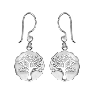 Boucles d’oreilles pendantes en argent rhodié galet découpé avec arbre de vie ajouré et fermoir crochet
