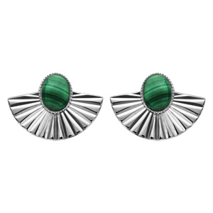 Boucles d'oreilles en argent rhodié drapées avec pierre Malachite véritable et fermoir poussette