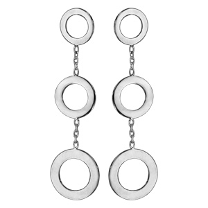 Boucles d'oreilles pendantes en argent rhodié 3 anneaux plats reliés avec chaînette et fermoir pouss