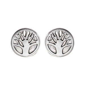 Boucles d'oreille en argent rhodié et nacre blanche motif arbre de vie et fermoir poussette