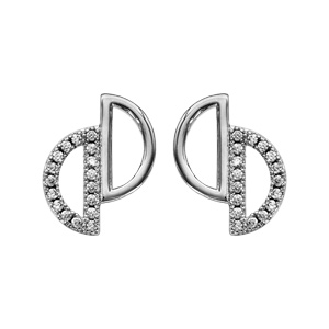 Boucles d'oreille en argent rhodié 2 demi cercles évidés lisses et pavé d'oxydes blancs sertis avec 