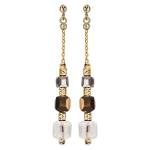 Boucles d'oreille pendantes en argent et dorure jaune cubes verres transparent et couleur métalique 