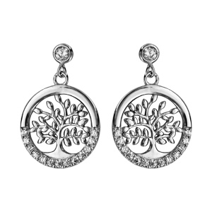 Boucles d'oreille pendantes en argent rhodié arbre de vie suspendu et oxydes blancs et fermoir pouss