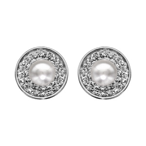 Boucles d'oreille en argent rhodié ronde oxydes blancs sertis bouton perle d'eau douce et fermoir po