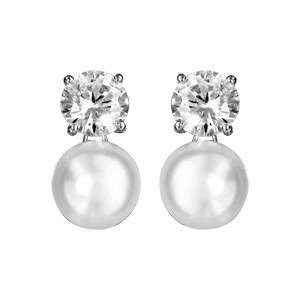 Boucles d’oreille en argent rhodié avec 1 gros oxyde blanc serti et  1 perle d’eau douce 8mm fermoir tige