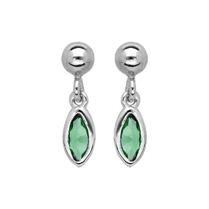 Boucles d’oreille pendantes en argent rhodie avec navette verte et fermoir poussette
