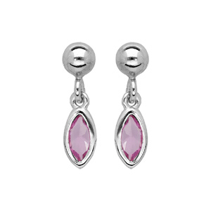 Boucles d'oreille pendantes en argent rhodie avec navette rose et fermoir poussette