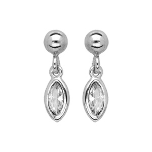 Boucles d'oreille en argent rhodié avec navette blanche et fermoir poussette