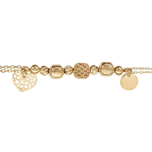 Bracelet en argent et dorure jaune chaîne avec boules géométriques et pampilles coeur et pastille – longueur 16+3cm