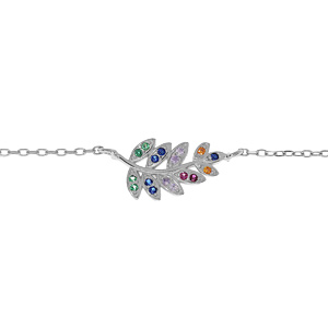 Bracelet en argent rhodié chaîne avec feuille et oxydes multicouleurs 16+3cm