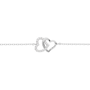 Bracelet en argent rhodié chaîne avec double coeur entrelacé et oxydes blancs sertis 16+2,5cm