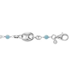 Bracelet en argent platiné chaîne avec grain de café et boules turquoise de synthèse 16+3cm