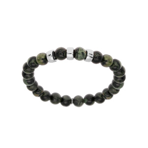 Bracelet extensible en argent platiné avec boules Rhyolite vert véritable et 3 charms à graver
