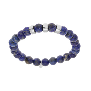Bracelet extensible en argent platiné avec boules Lapis Lazuli bleu véritable et 3 charms à graver
