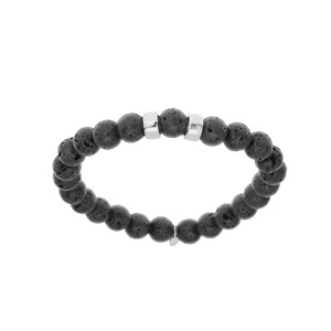 Bracelet extensible en argent platiné avec boules Pierre de lave noir mat véritable et 2 charms à gr