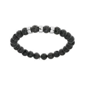 Bracelet extensible en argent platiné avec boules Pierre de lave noir mat véritable et 3 charms à graver